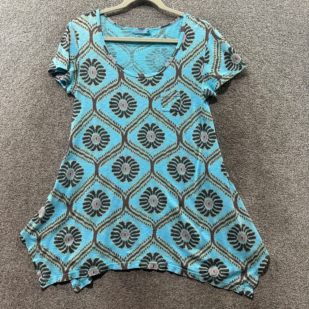 Fresh Produce Tunic Top Medium Cotton Blue Medallion Sharkbite Hem USA Made